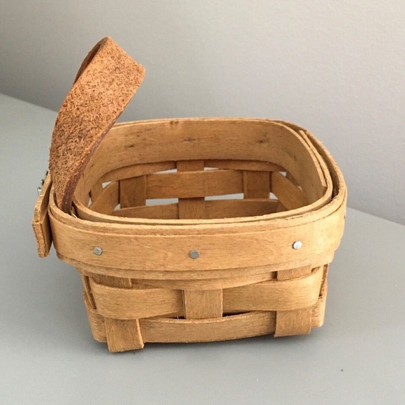 Gerald Henn Workshops Square Hand Woven Trinket Basket Leather Handle - Picture 6 of 11